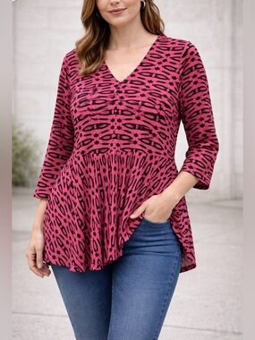 Habitat Top Stretch Peplum Lagenlook Geometric Medium Coral Pink stretch materia